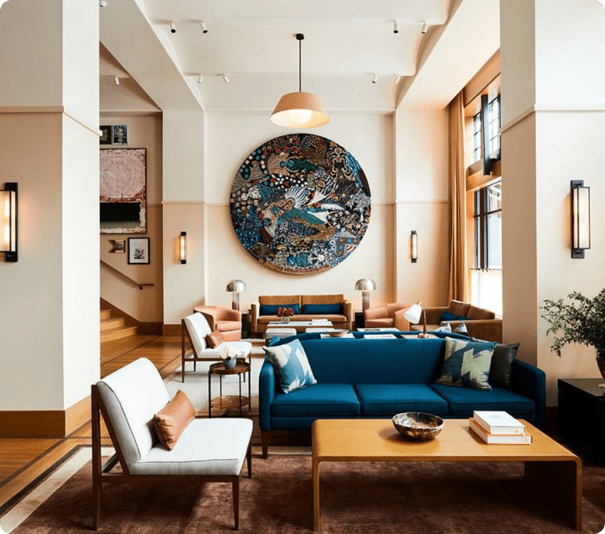 an inside look at the decadent lobby of the Shinola hotel in Detroit, MI